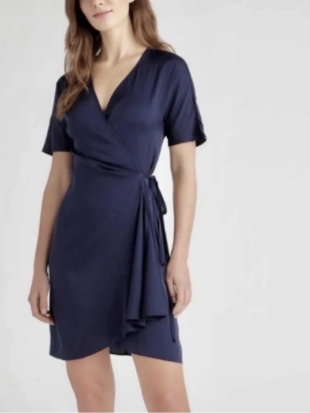 Quince Silk Stretched, Wrap Tied, V-Neck, Short Sleeve, Mini Dress NWT in Navy